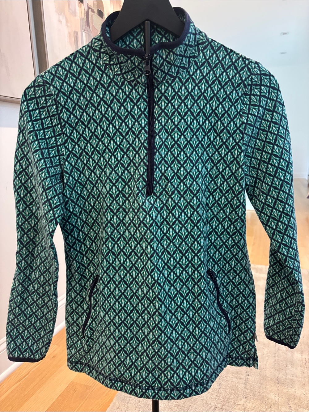 Talbots Teal and Navy Diamond Print Half-Zip Pullover